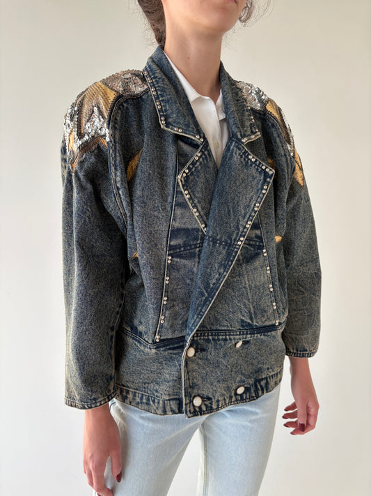 Geacă vinatge luxury din jeans cu piele de șarpe și aplicații manuale