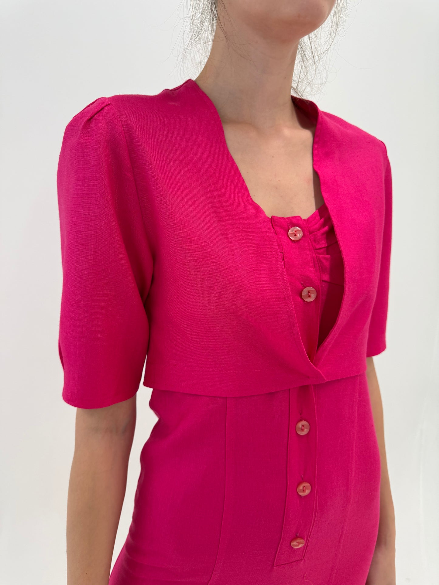 Set vintage fucsia din pânză excepțională de in în croi chic