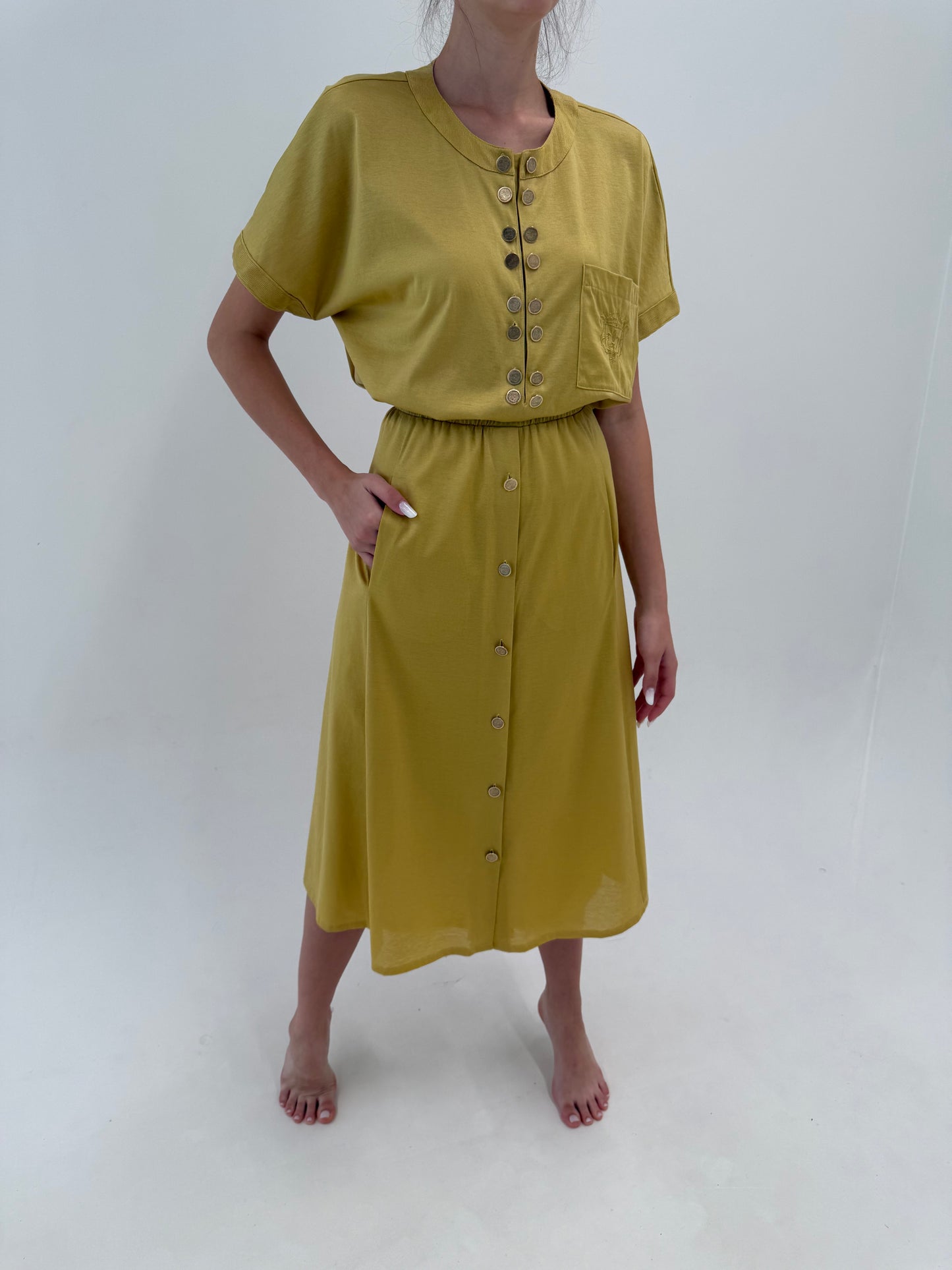 Set vintage dusty mustard green din bumbac excepțional cu nasturi metalici aurii