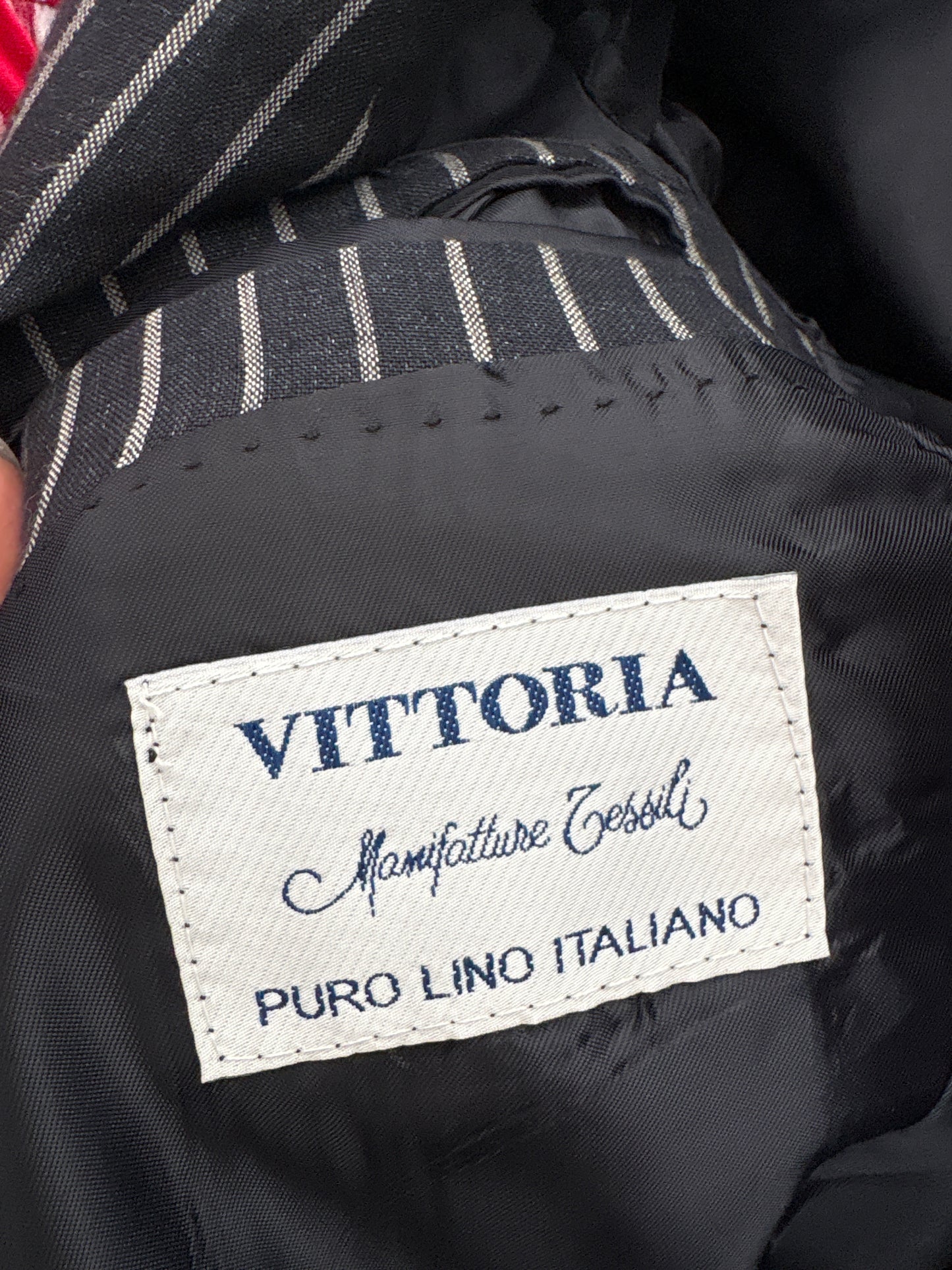 Sacou italian Navy tall cu dungi albe verticale din in preemium