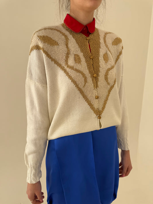 Cardigan vintage butter white cu inserții aurii