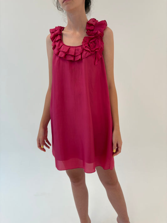 Rochie rasberry red din mătase naturală în croi lejer cu guler 3D