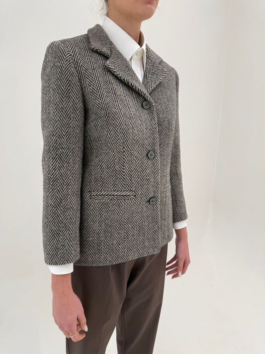 Sacou petite din tweed de lana extrafin Chevron ivoire și gri