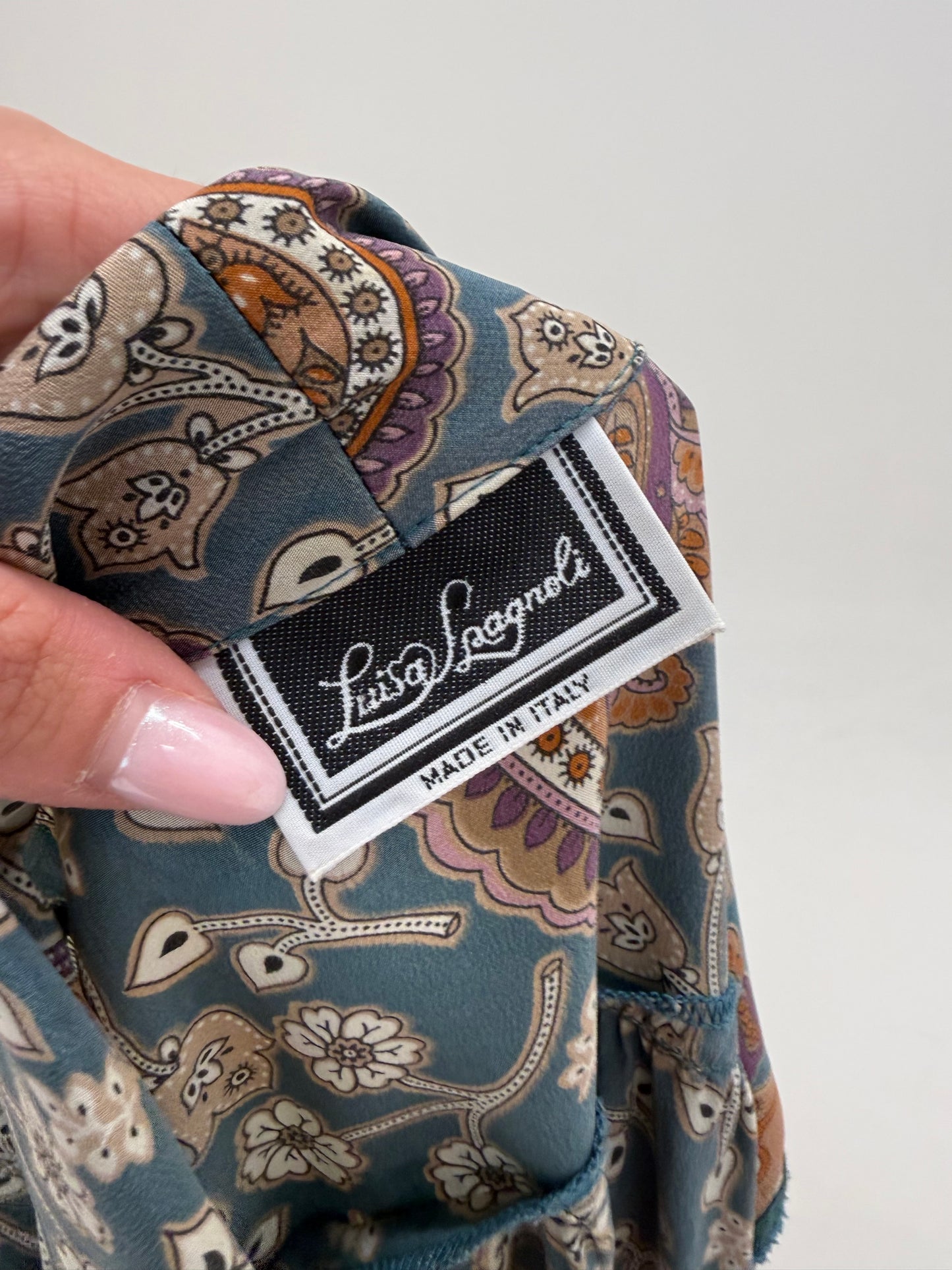 Rochie luxury Luisa Spagnoli din mătase naturală dusty blue cu print paisley