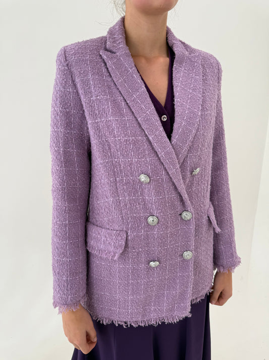 Sacouri noi în stil Balmain din tweed gros din mix de lana cu lavender cu închidere dublă