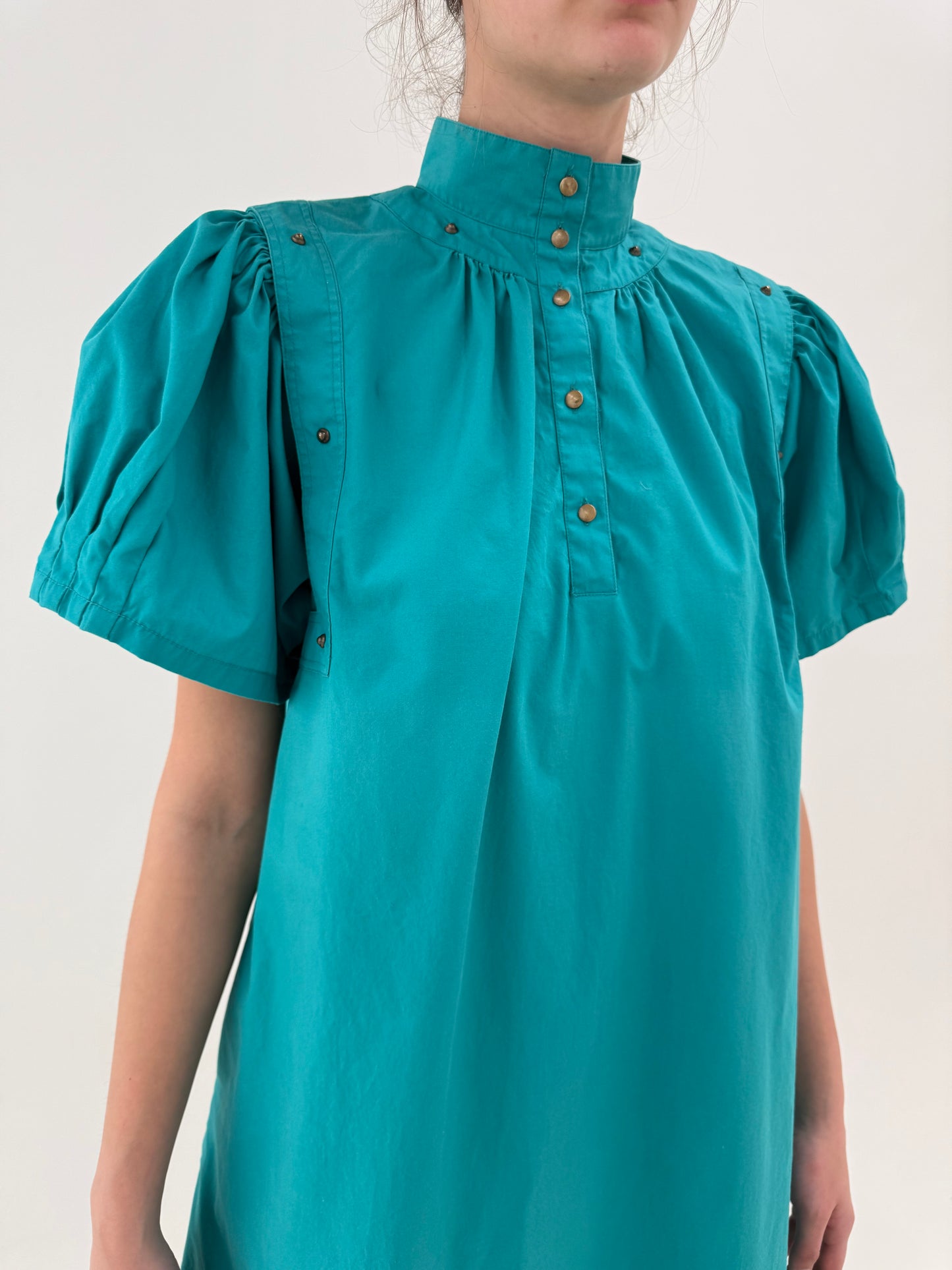 Rochie vintage în croi ultra chic retro modern turcoaz din poplin de bumbac