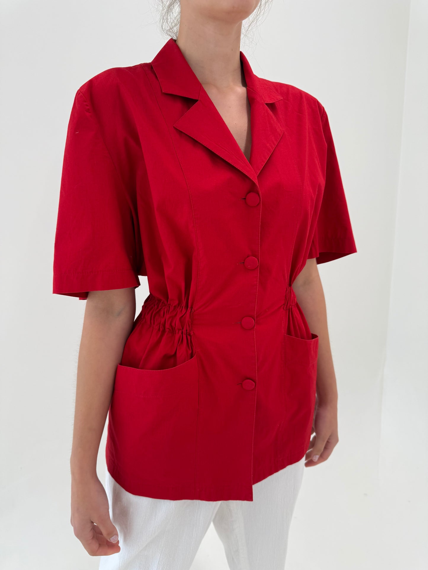 Sacou dark cherry red cu talie ultra marcată din poplin premium de bumbac