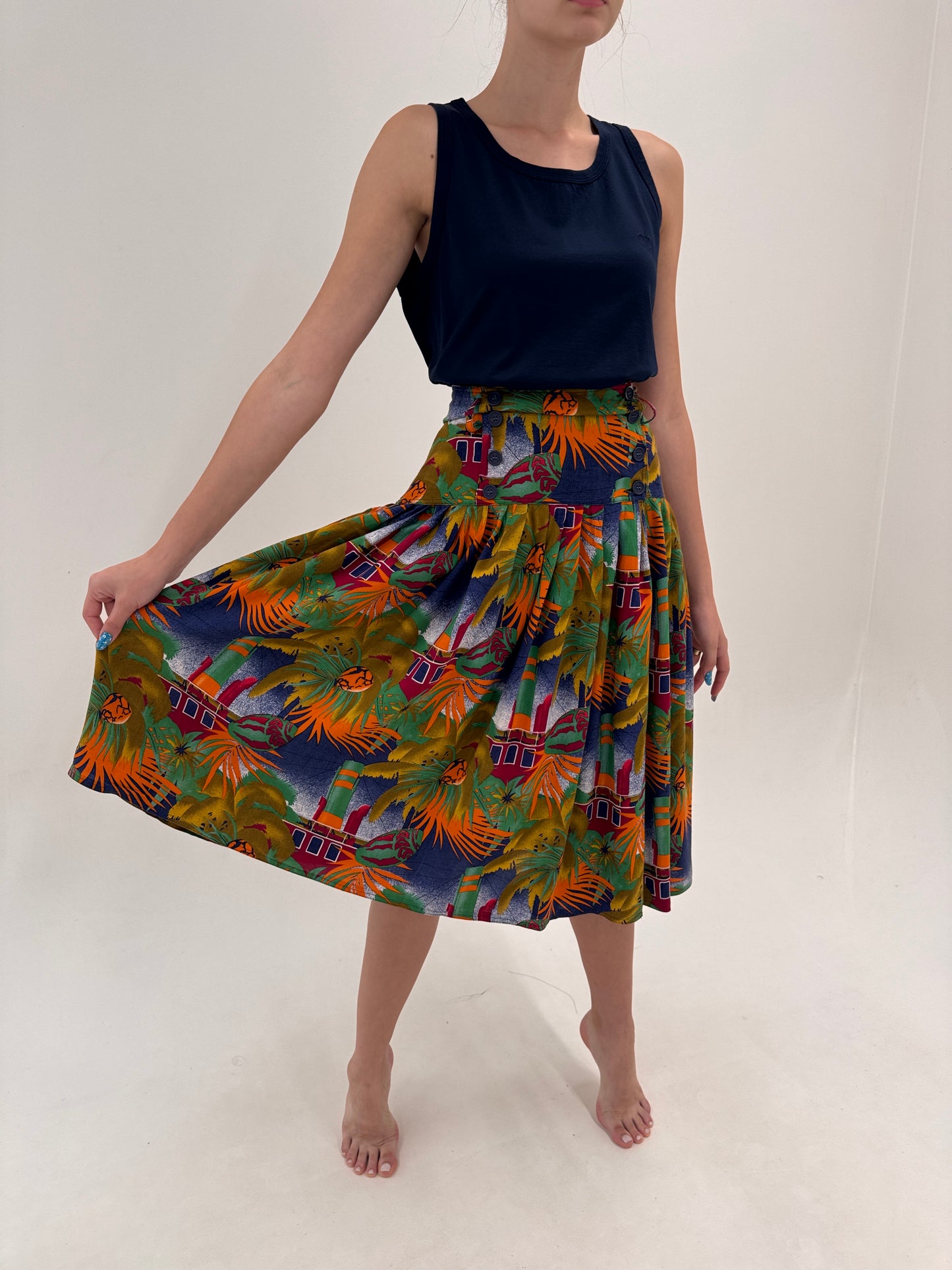 Fustă vintage Missoni cu print organic în culori superbe și talie ultra marcată