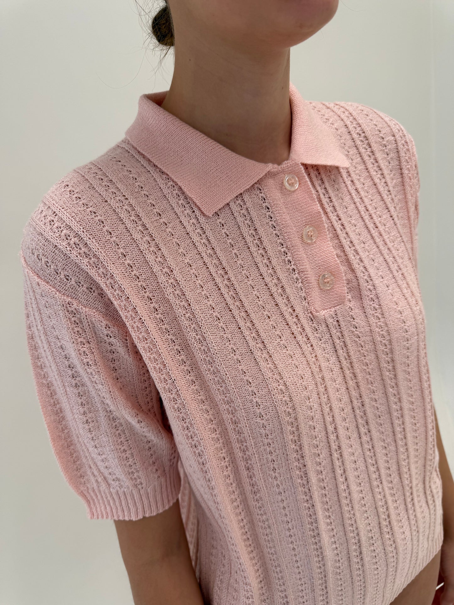 Top vintage polo din jerse dantelat powder Pink