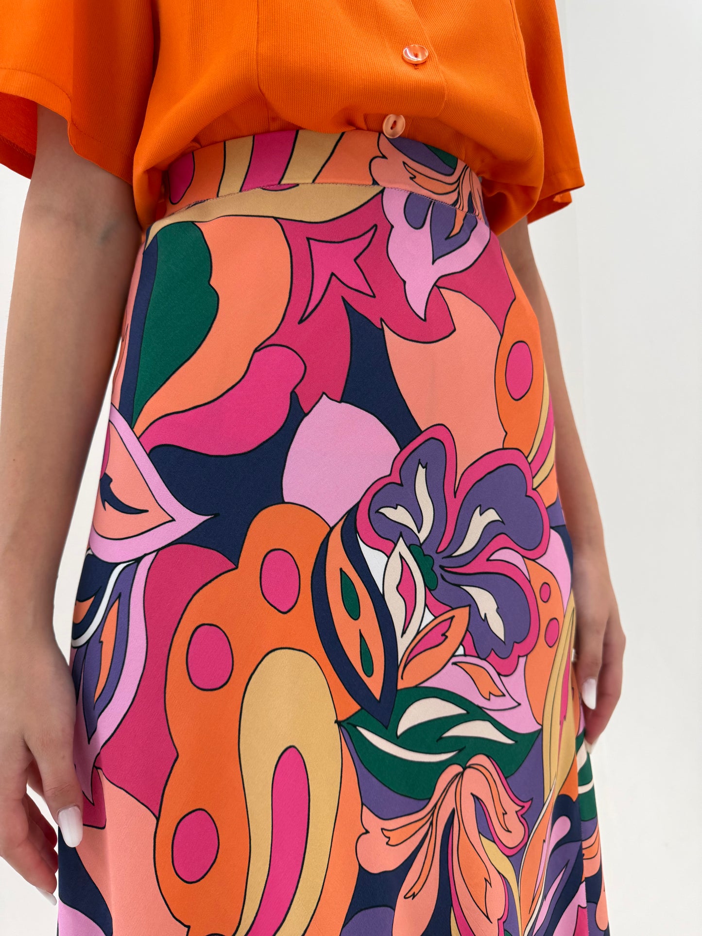 Fustă maxi cu print în stil Pucci super vaporoasă și talie elastică în bie