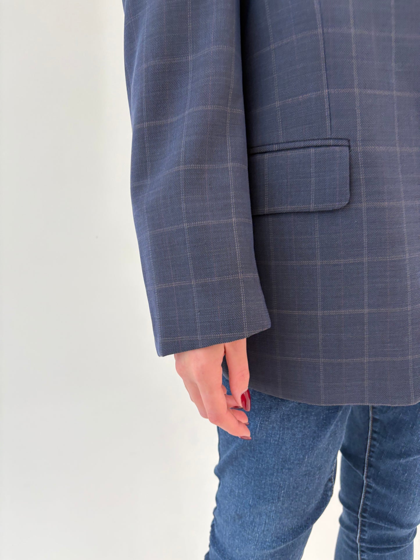 Sacou italian din lana extrafina jeans blue în carouri fine