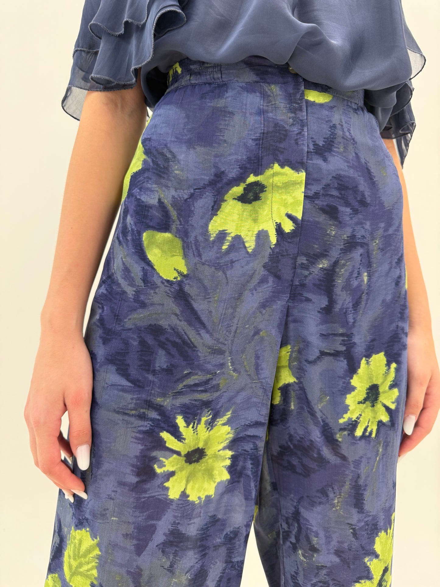 Pantaloni palazzo super vaporoși jeans blue cu talie ultra înaltă