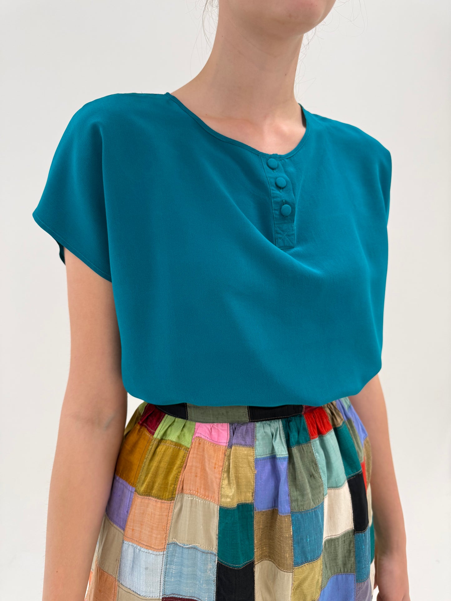 Top teal blue italian din mătase naturală cu mânecă căzută