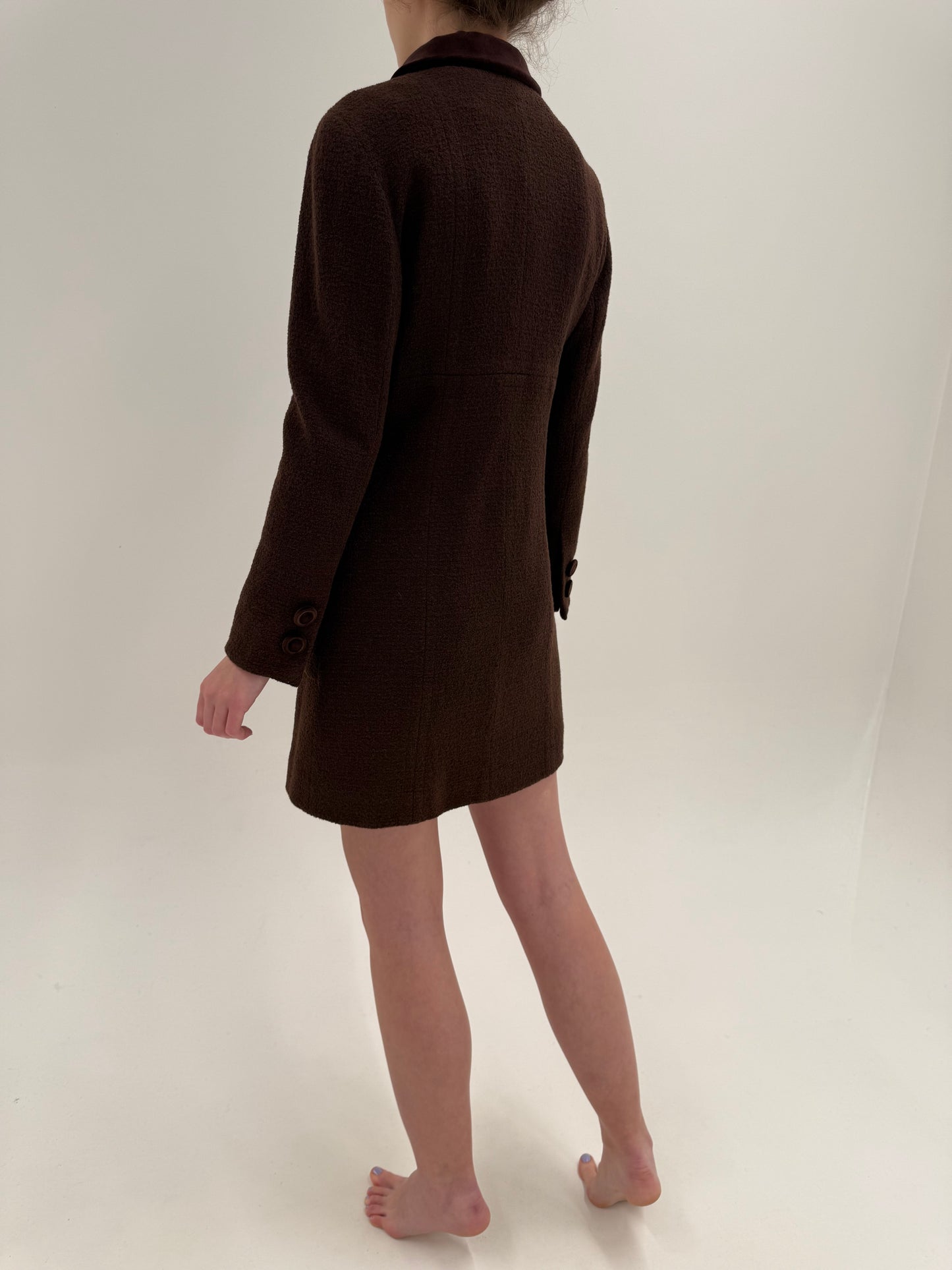 Rochie Old vintage anii 60 tip coat din boucle de lana chocolate brown