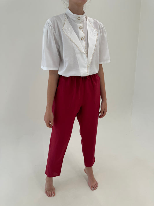 Pantaloni dark cherry red din in cu talie elastică reglabilă