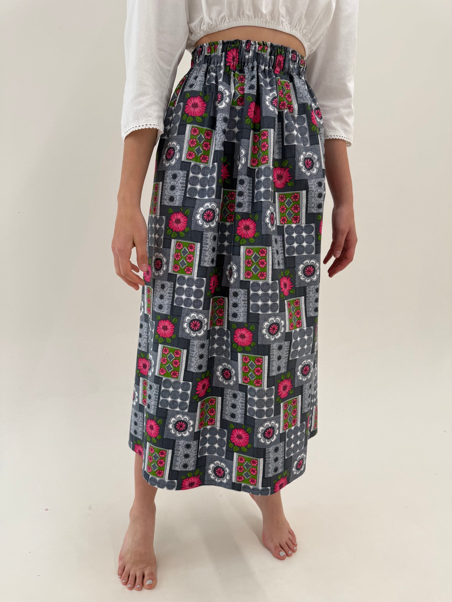 Fustă maxi cu print fucsia din poplin excepțional de bumbac structurat