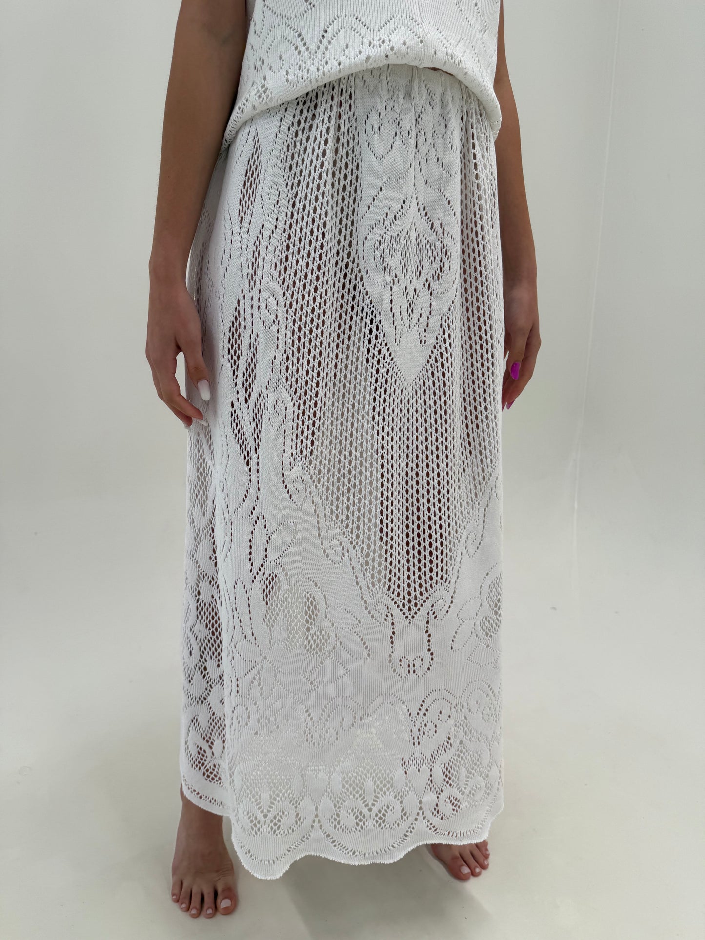 Set excepțional din macrame ultra confort și pânză de in cu fustă maxi