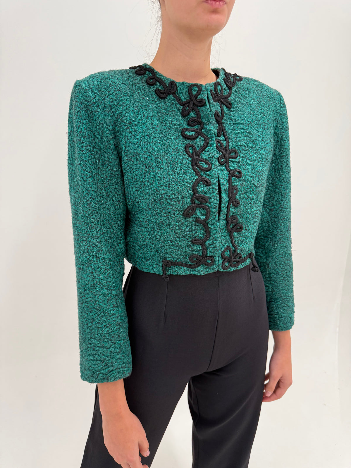 Sacou vintage excepțional din lana extrafina petite dark green cu aplicații manuale