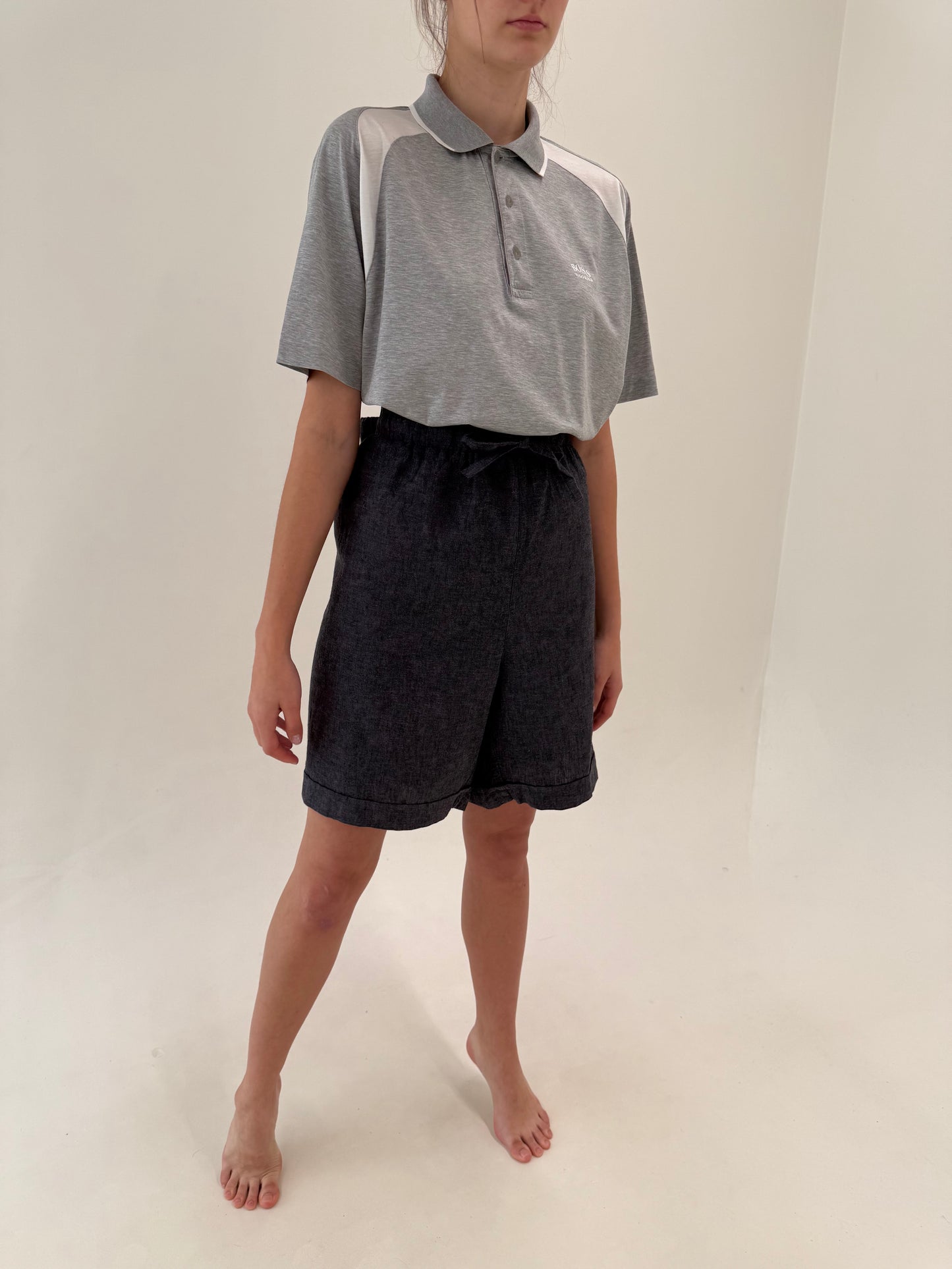 Pantaloni în croi lejer charcoal gray din in premium cu talie ultra înaltă