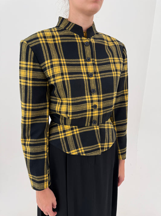 Jacheta în carouri și croi ultra chic retro modern din tweed de lana extrafina