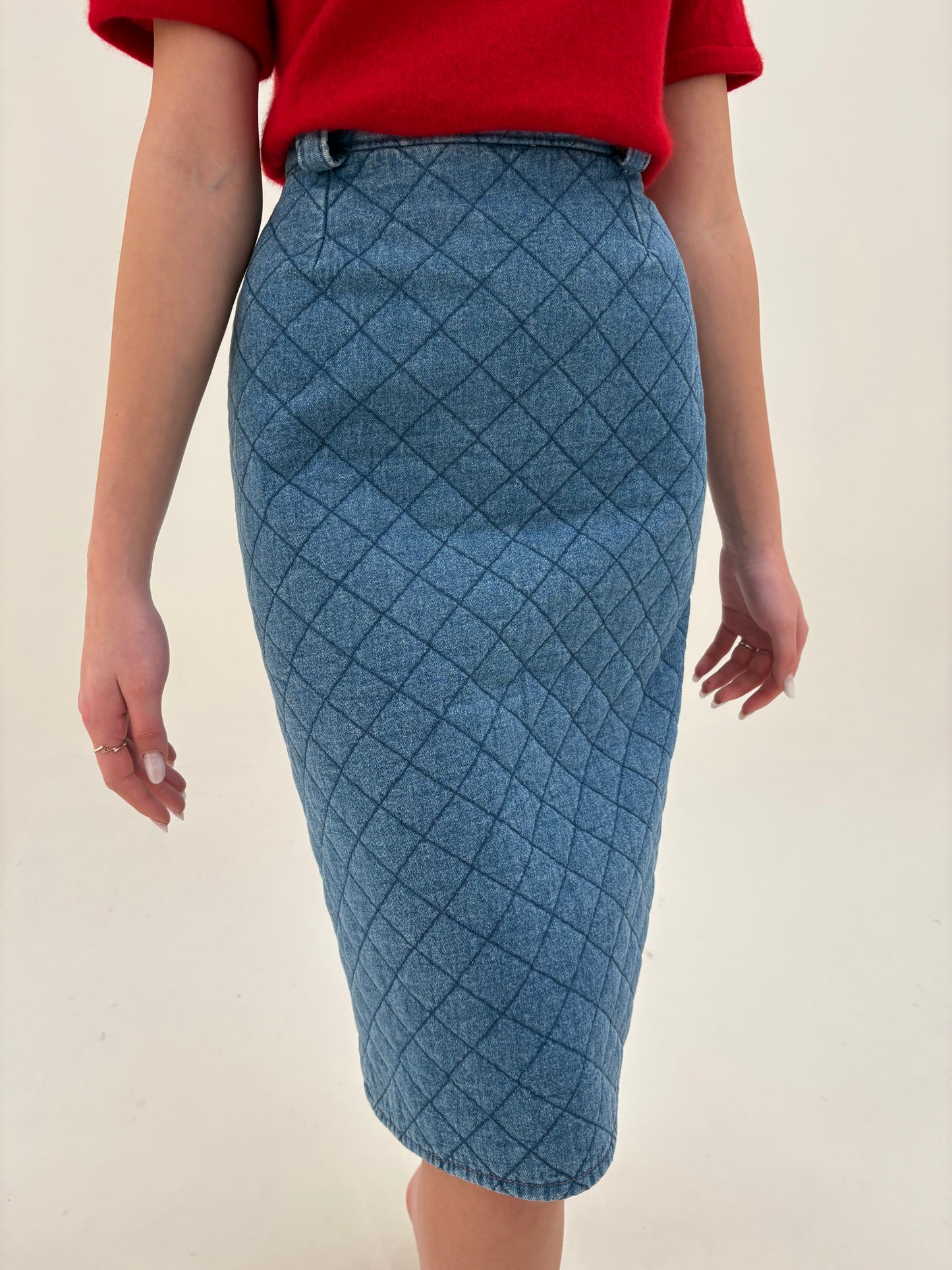 Fustă vintage uktra conică din matlase subțire de jeans cu talie ultra înaltă