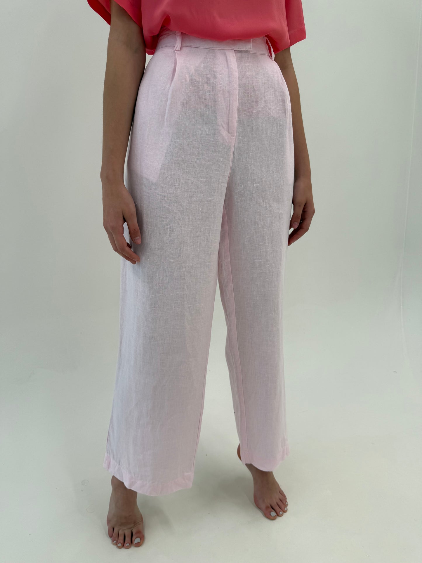 Pantaloni palazzo din in premium powder pink cu talie extrem de înaltă