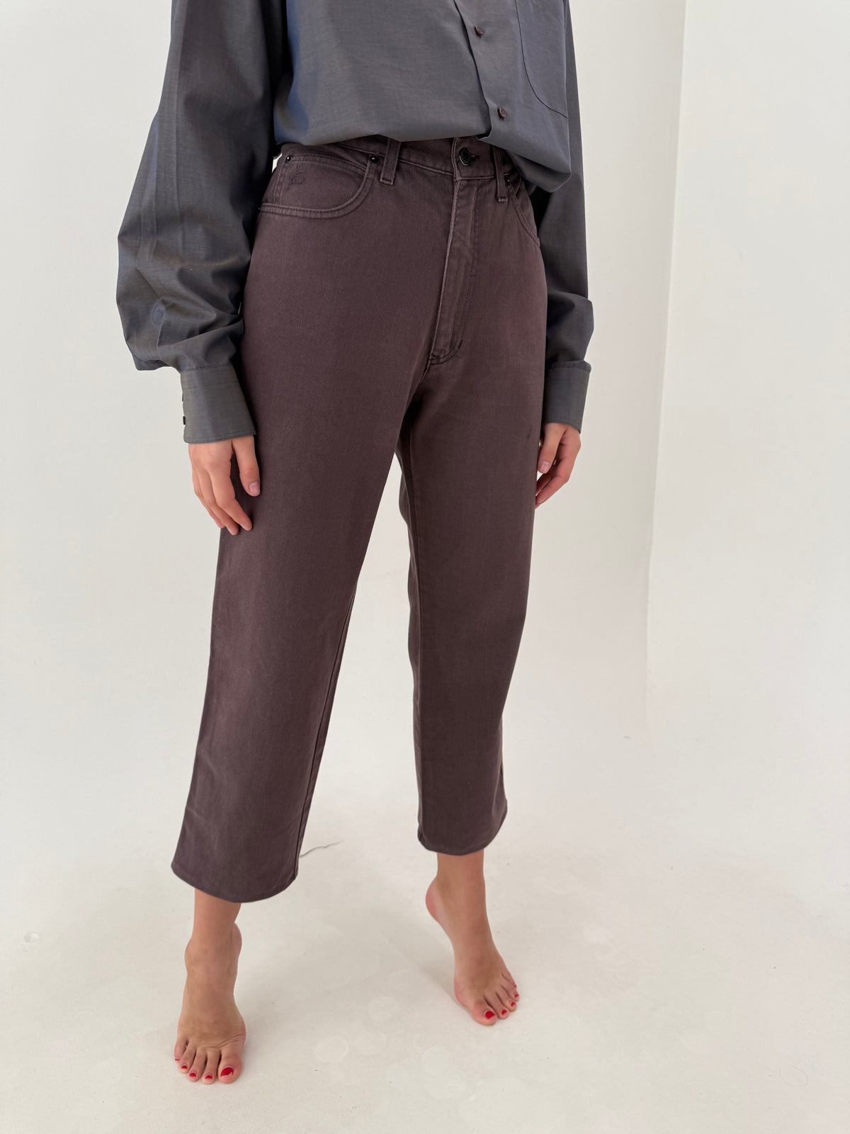 Jeans vintage Rocco Barocco taupe din bumbac gros cu talie ultra înaltă și solduri generoase