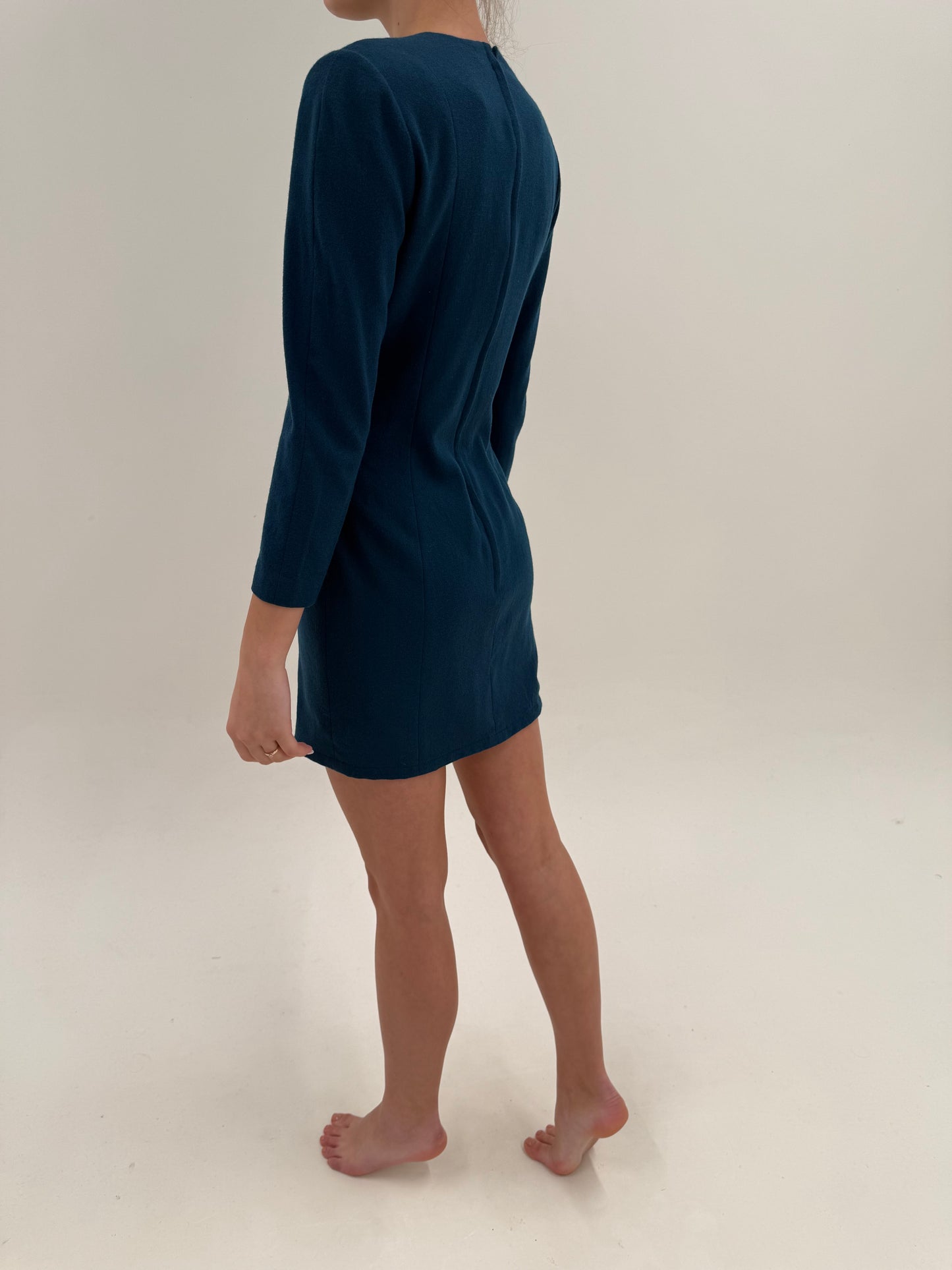 Rochie vintage italiană dark teal cu talie marcată din lana extrafina certificată