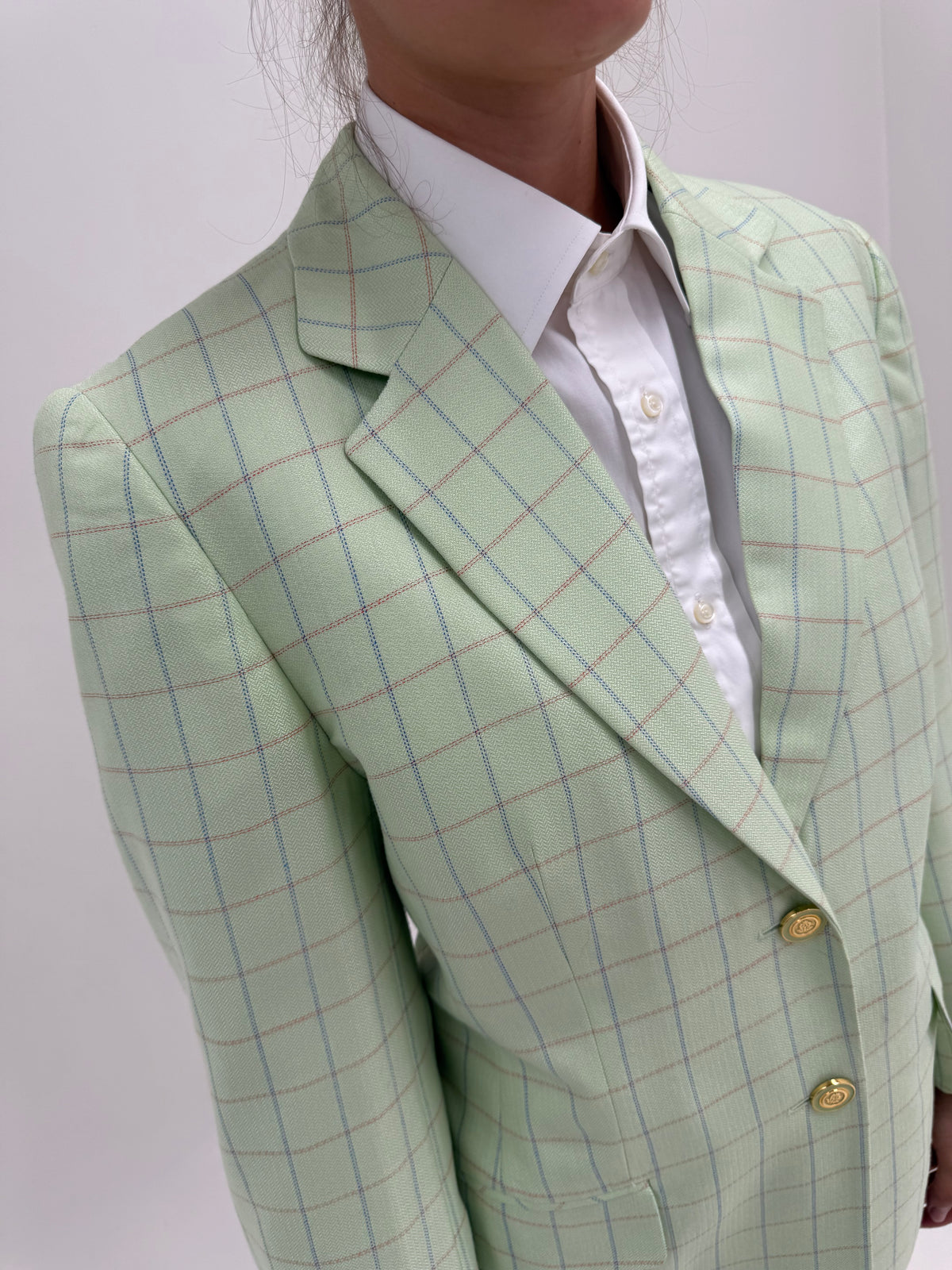Sacou light green de brand premium din lana extrafina și mătase naturală în carouri fine