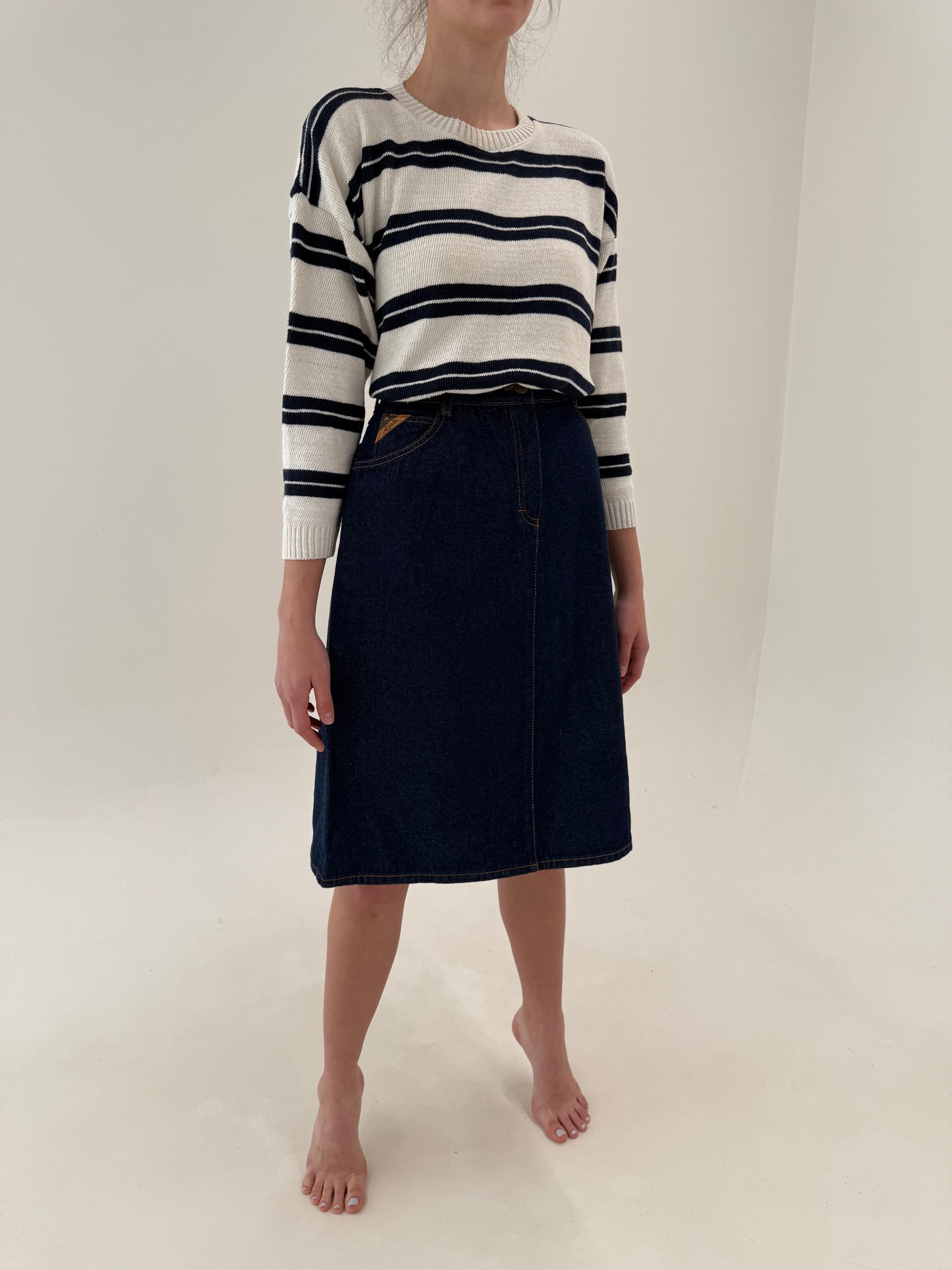 Fustă vintage nouă din jeans raw indigo wash in croi A-line