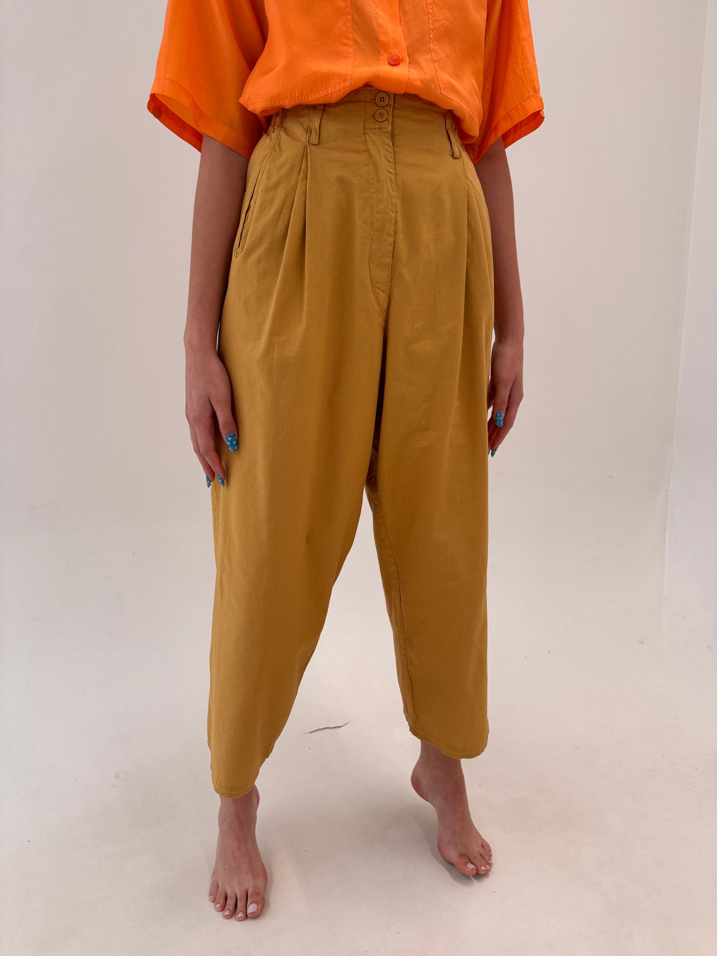 Costum camel vintage din canvas moale de bumbac cu pantaloni palazzo