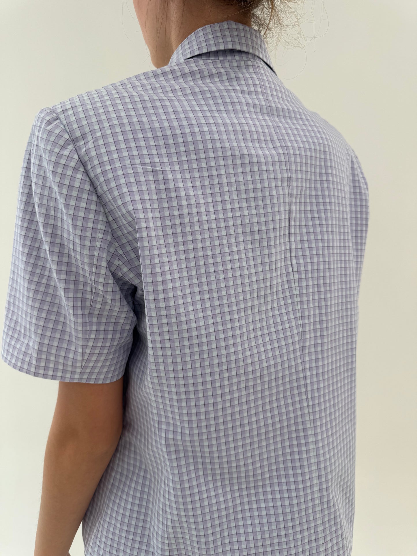 Costum vintage gingham lavandă din panzica de bumbac cu pantaloni capri super în trend