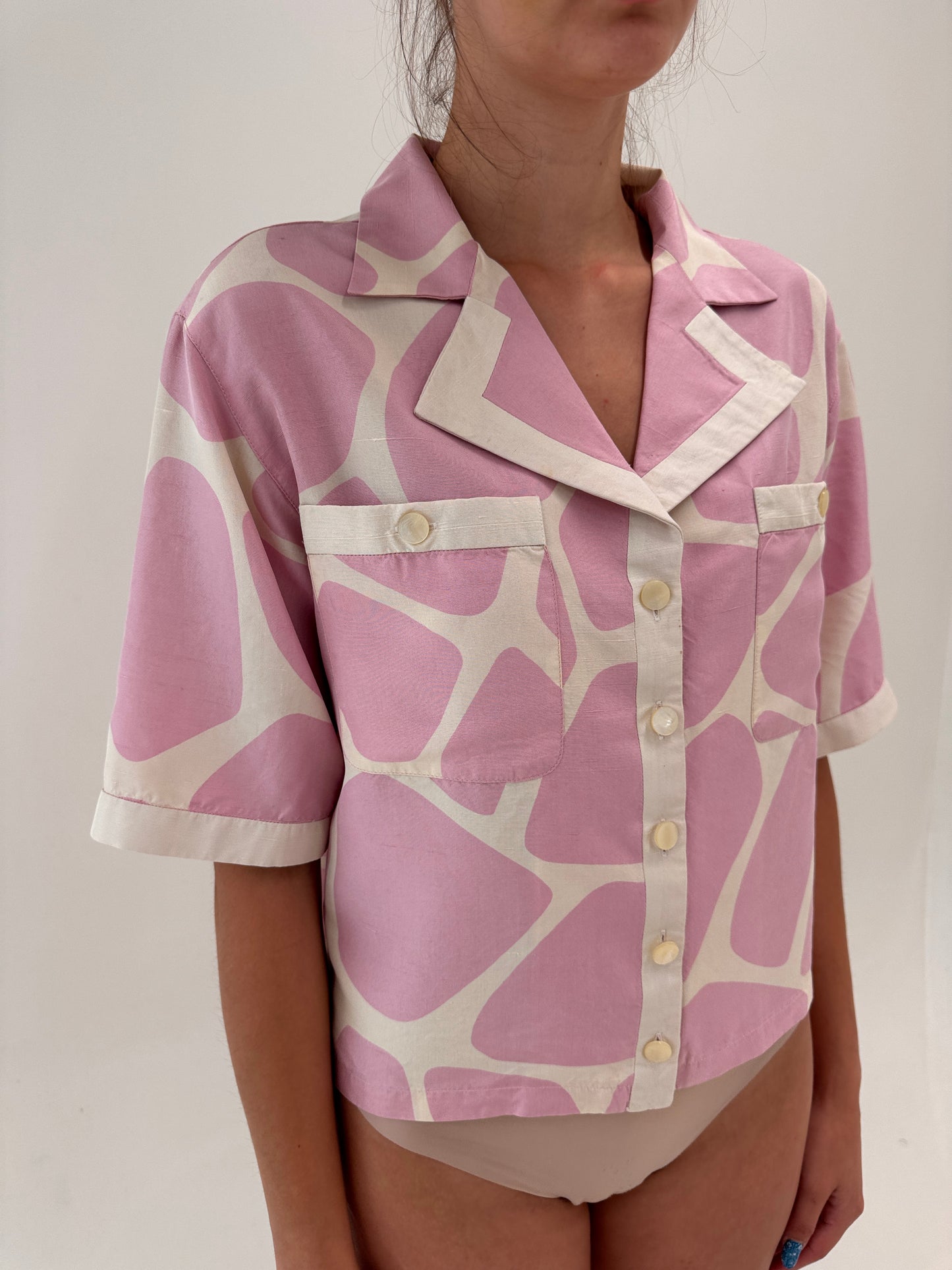 Costum Valentino vintage din pânză de mătase naturală cu print powder Pink