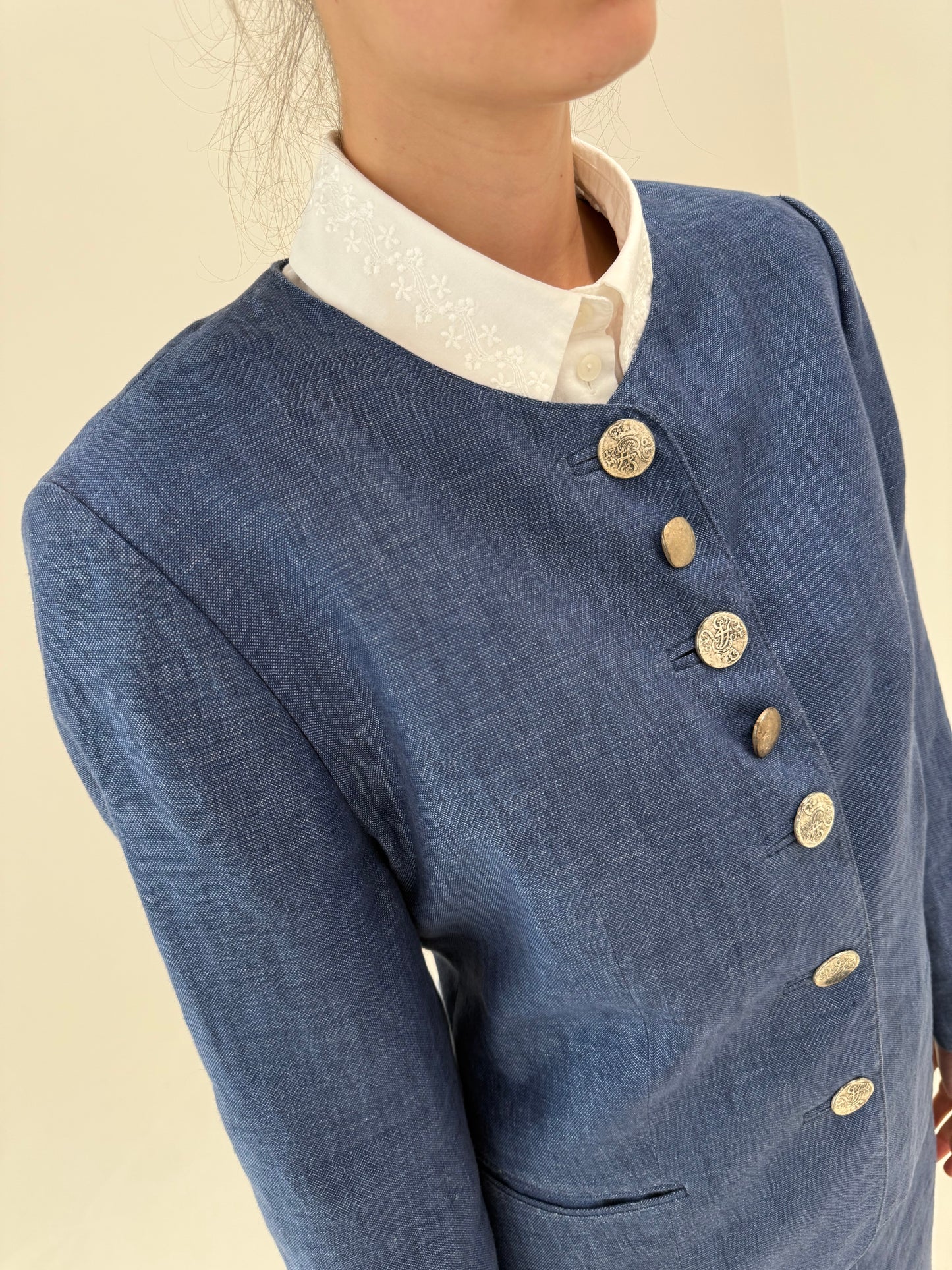 Set vintage jeans blue din pânză de in premium în croi atemporal