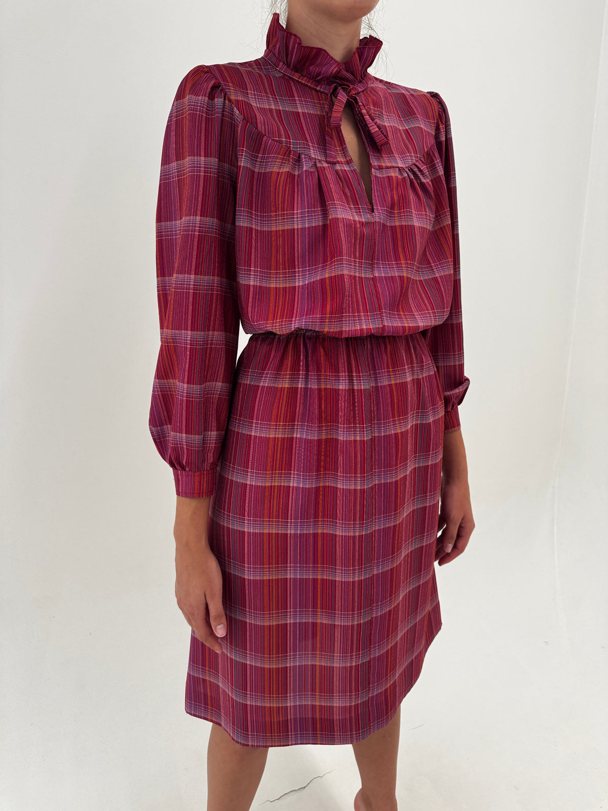 Rochie vintage în carouri și nuanțe superbe petite din mix de mătase naturală