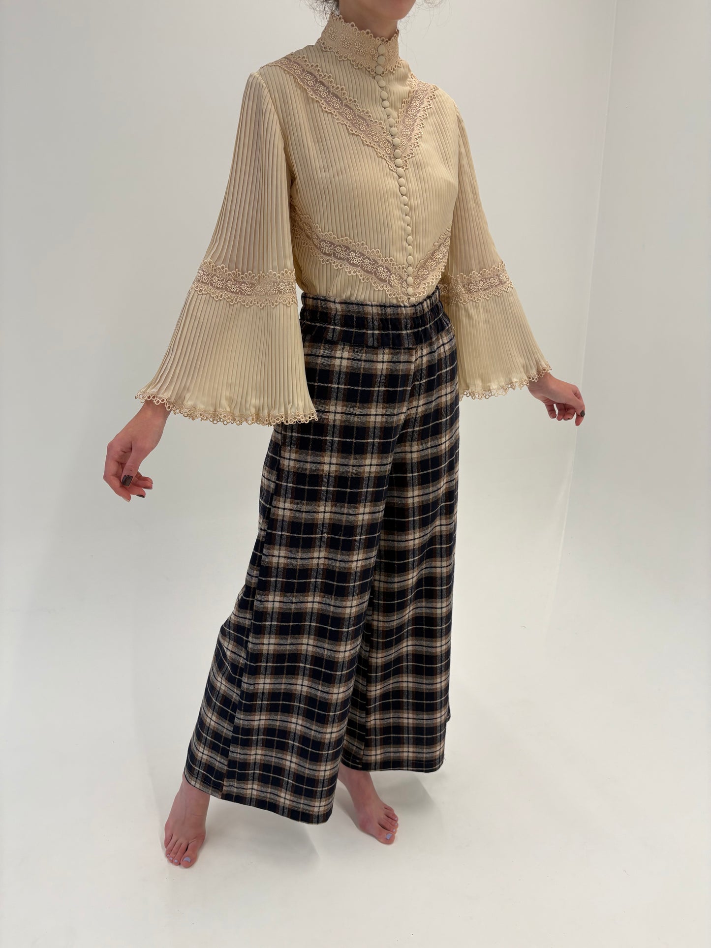 Pantaloni palazzo din Tartan de lana extrafina cu talie ultra înaltă elastică