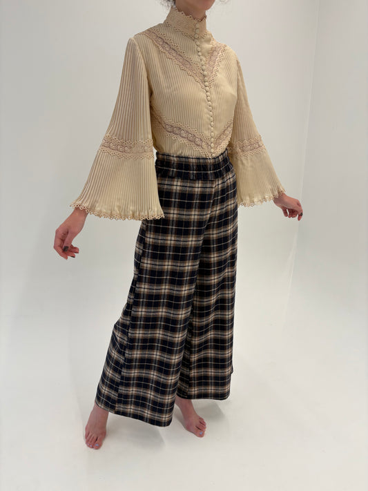 Pantaloni palazzo din Tartan de lana extrafina cu talie ultra înaltă elastică