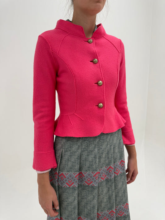 Sacou cambrat superb electric pink din boiled wool extrafin subțire cu peplum