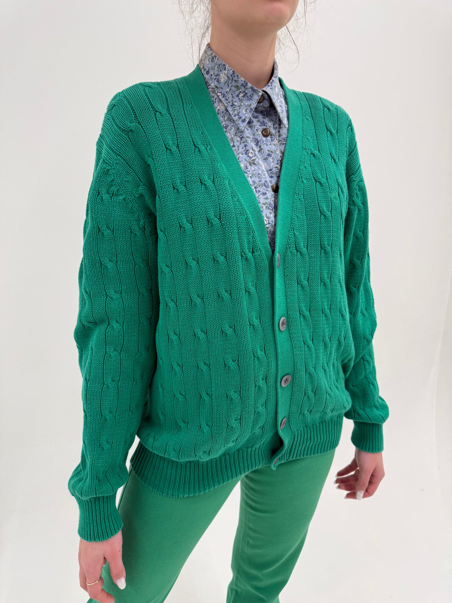 Cardigan vintage Armani din bumbac verde smarald cu torsade