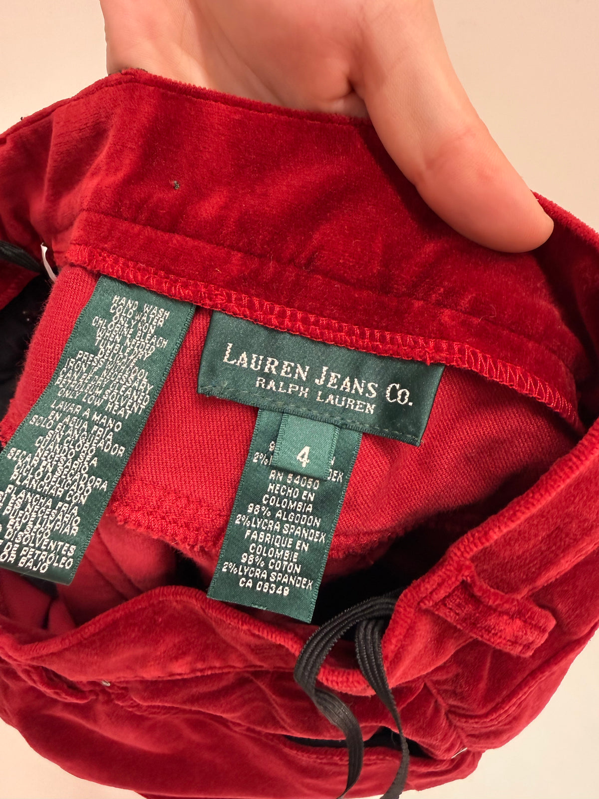 Pantaloni Ralph Lauren evazați cherry red din catifea ultra confort de bumbac și lycra