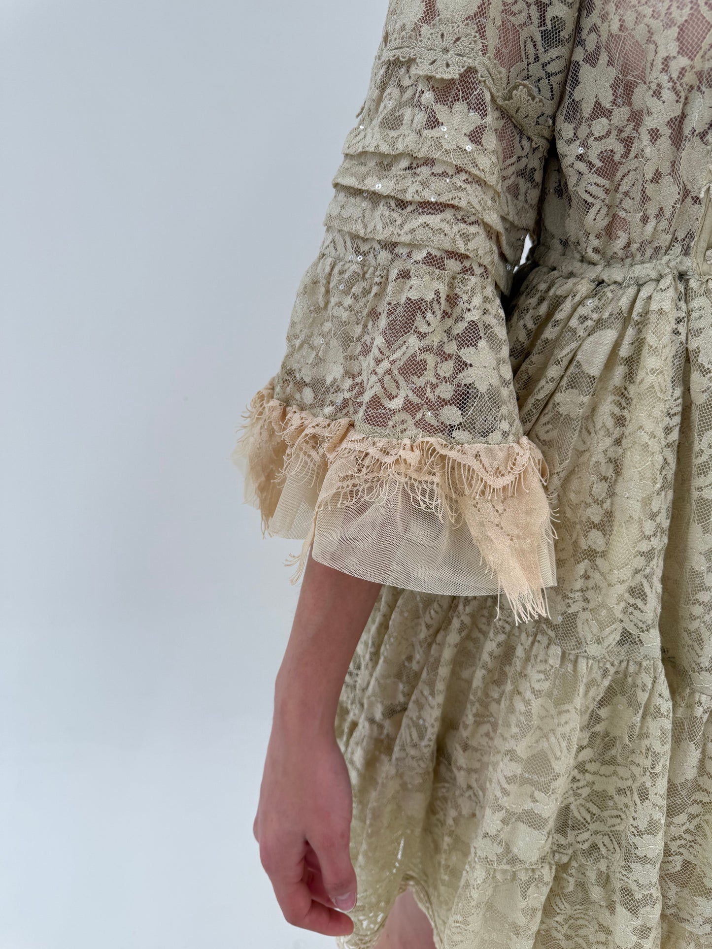 Rochie nude în stil Zimmerman din dantelă Chantilly cu aplicații florale și aplicații 3D