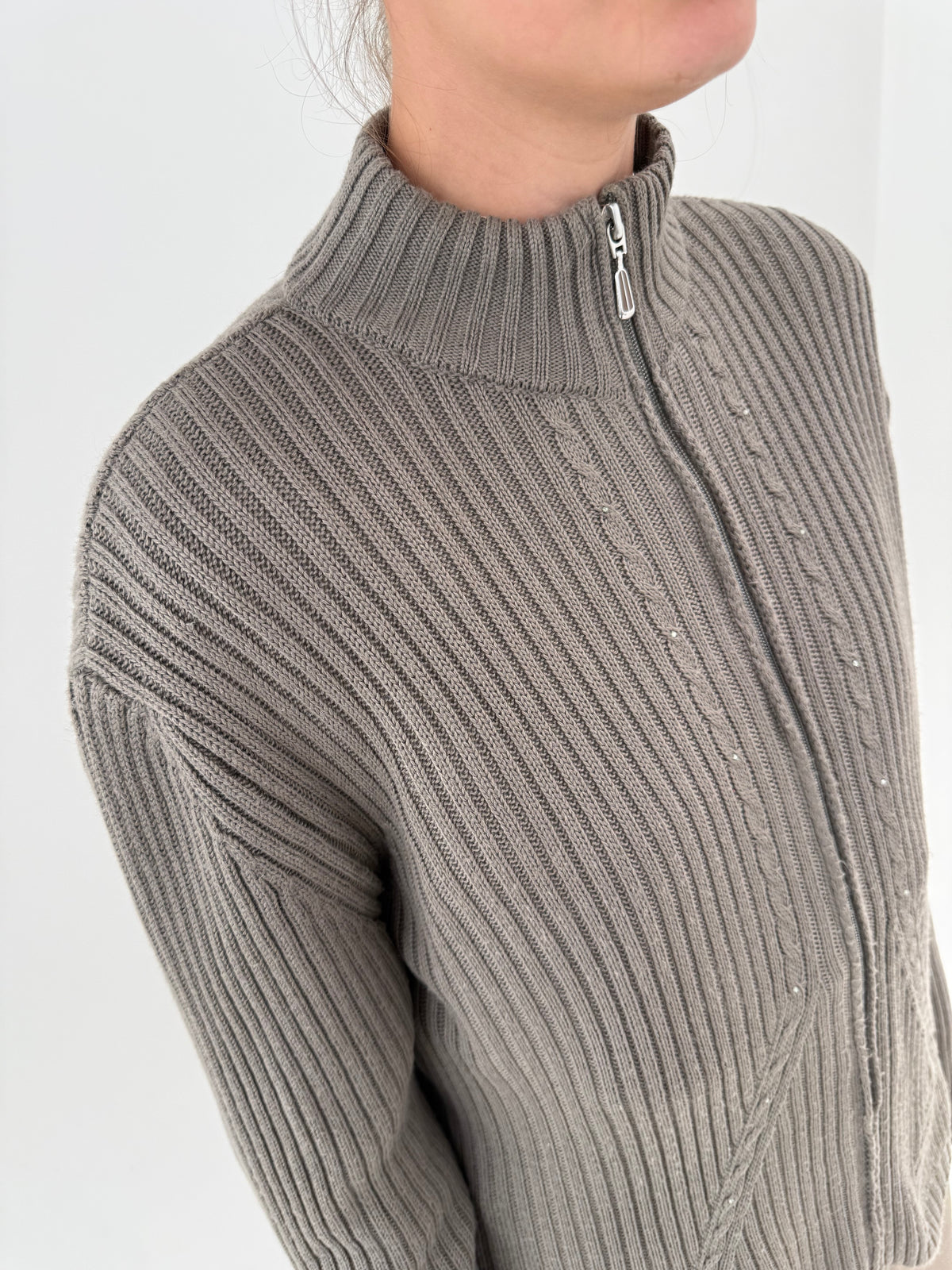 Cardigan full zip ribbed light taupe din lana merino extrafina plină
