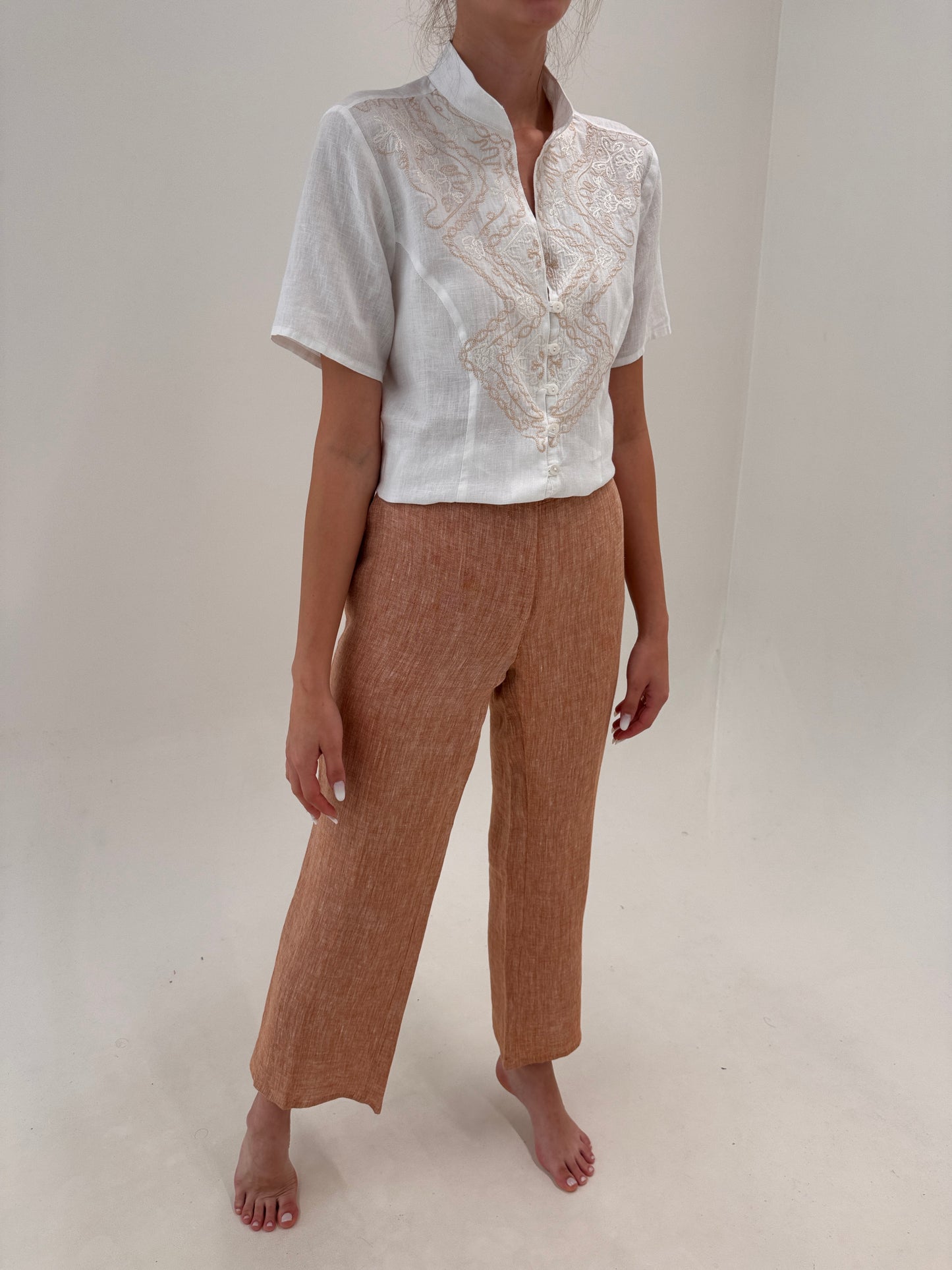 Pantaloni din in spre palazzo melanj chestnut brown și camel