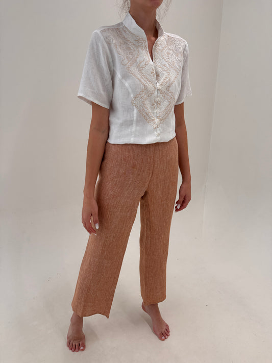 Pantaloni din in spre palazzo melanj chestnut brown și camel