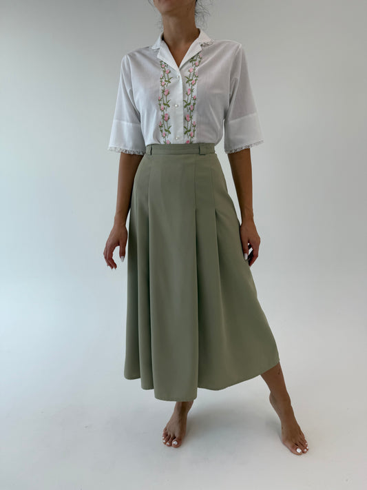 Fustă vintage midi spre maxi green nude din Georgette greu
