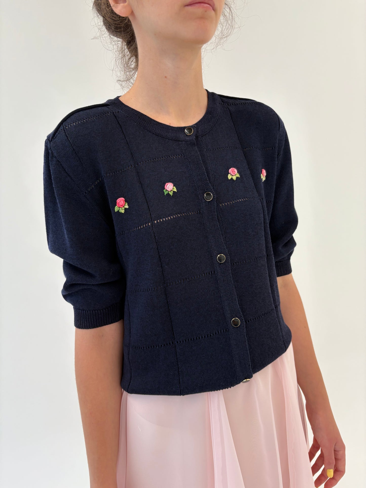 Top vintage Navy cu broderie manuală 3D din jerse de vară