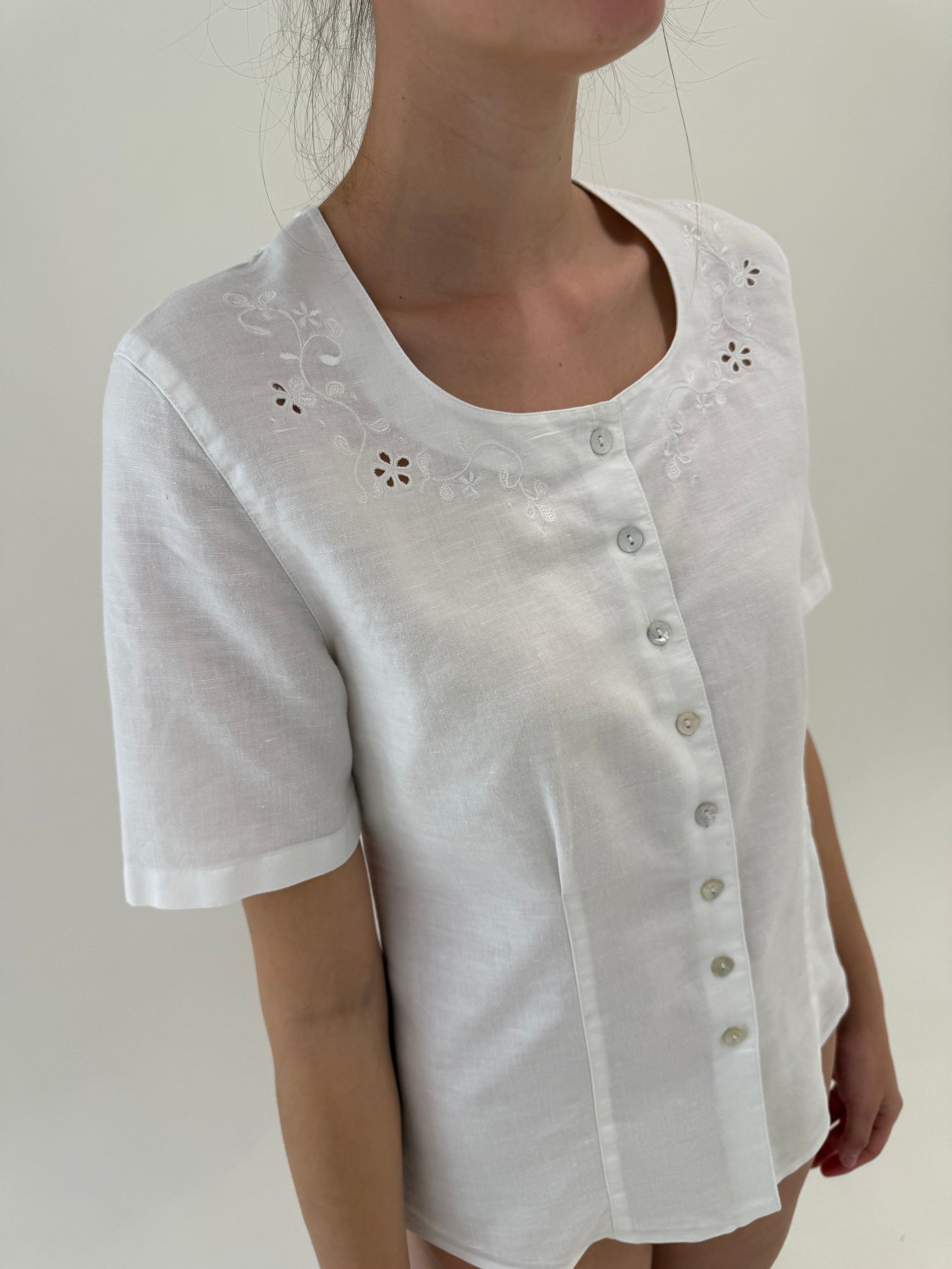 Corsaj vintage cu broderie anglaise din pânză de in și bumbac