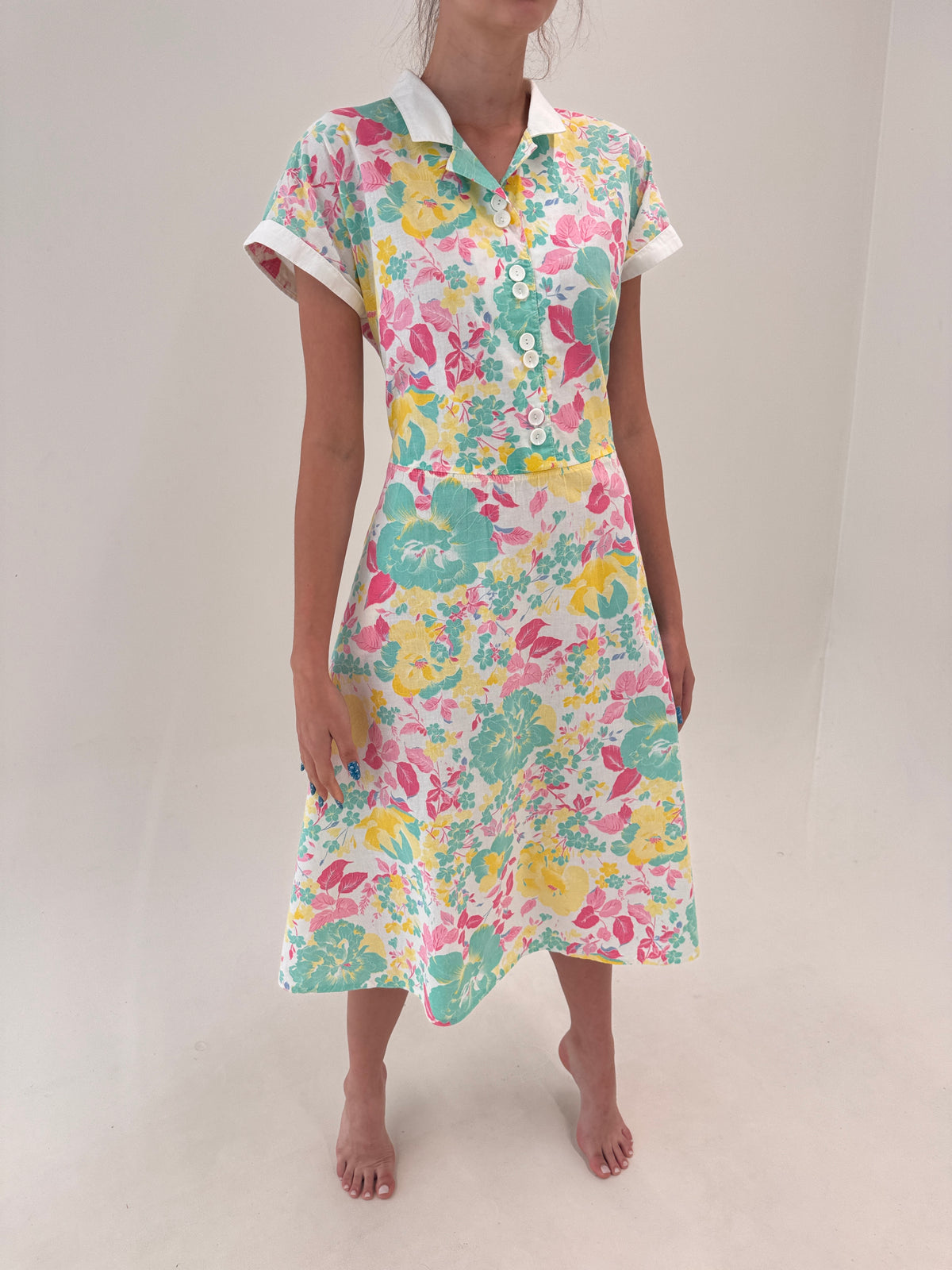 Fustă vintage din pânză de in cu print floral superb și buzunare spre maxi