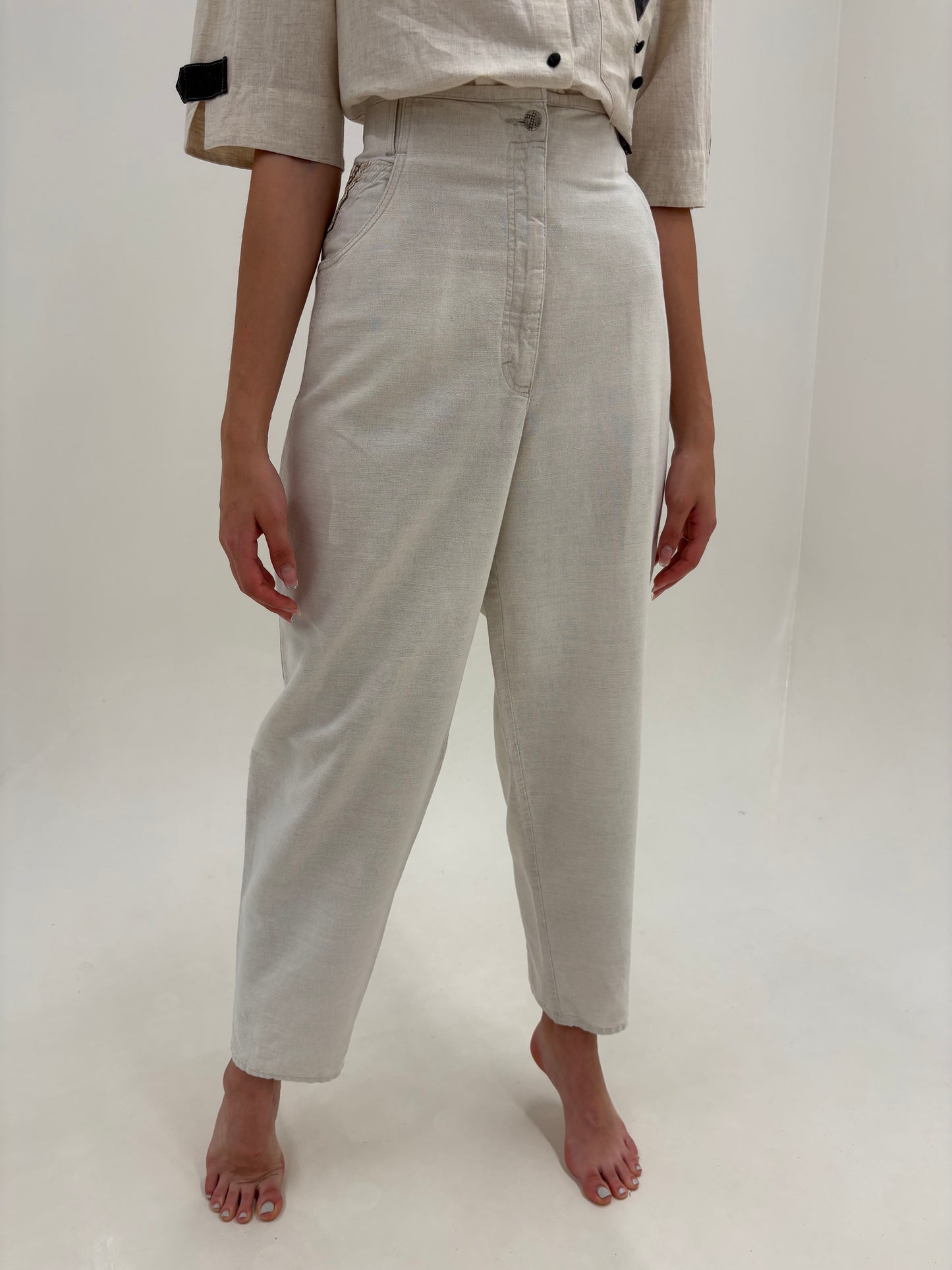 Pantaloni vintage tall din pânză grea de in și bumbac cu talie ultra înaltă