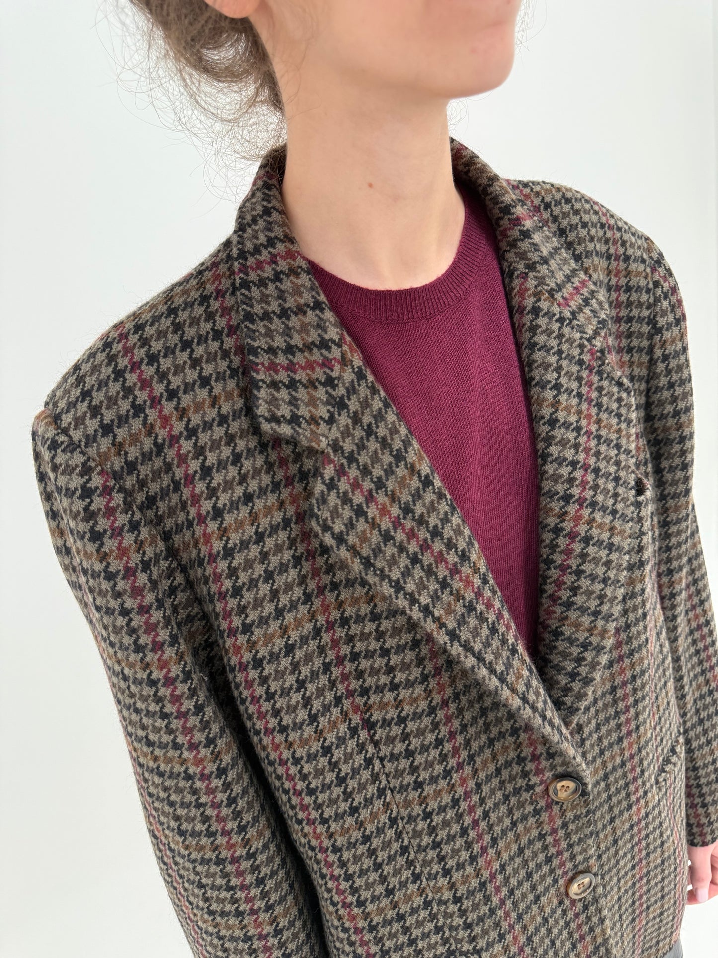 Sacou vintage din tweed de lana camel pied de coq negru și burgundy